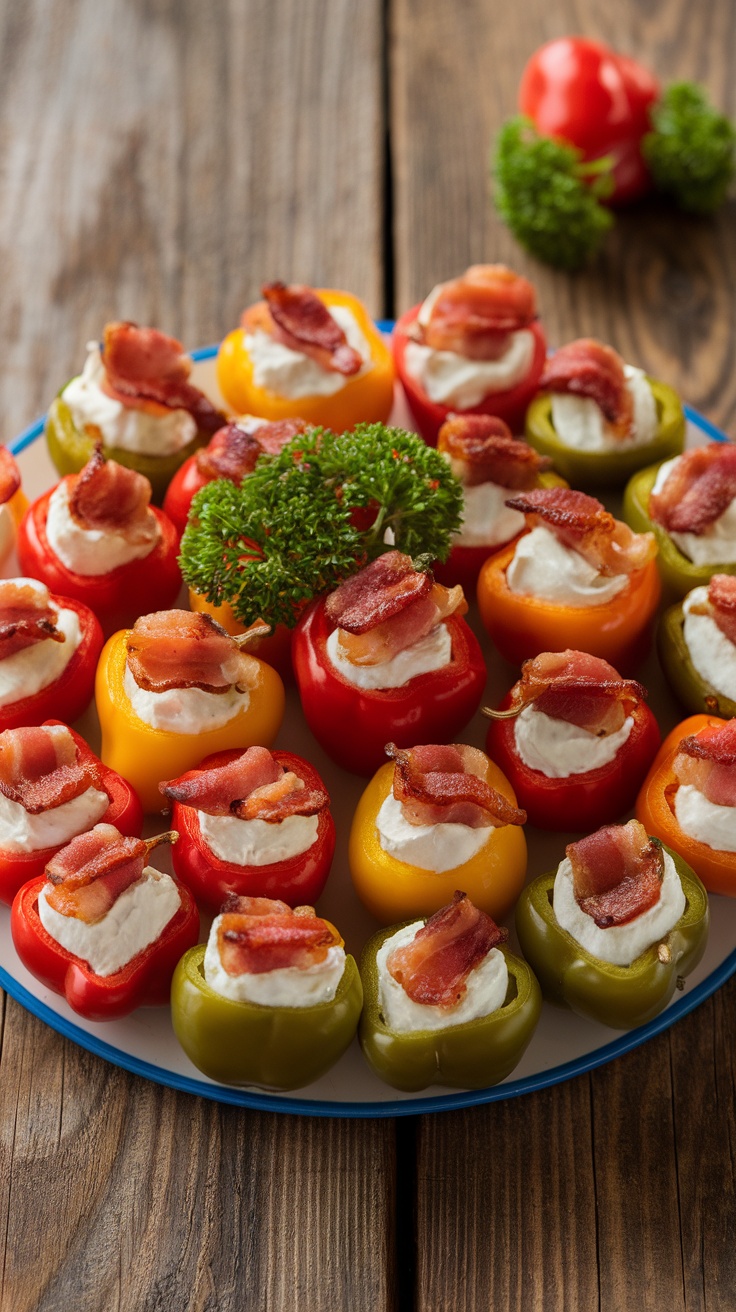 A colorful display of mini sweet peppers stuffed with cream cheese and bacon, garnished with parsley on a rustic wooden table.